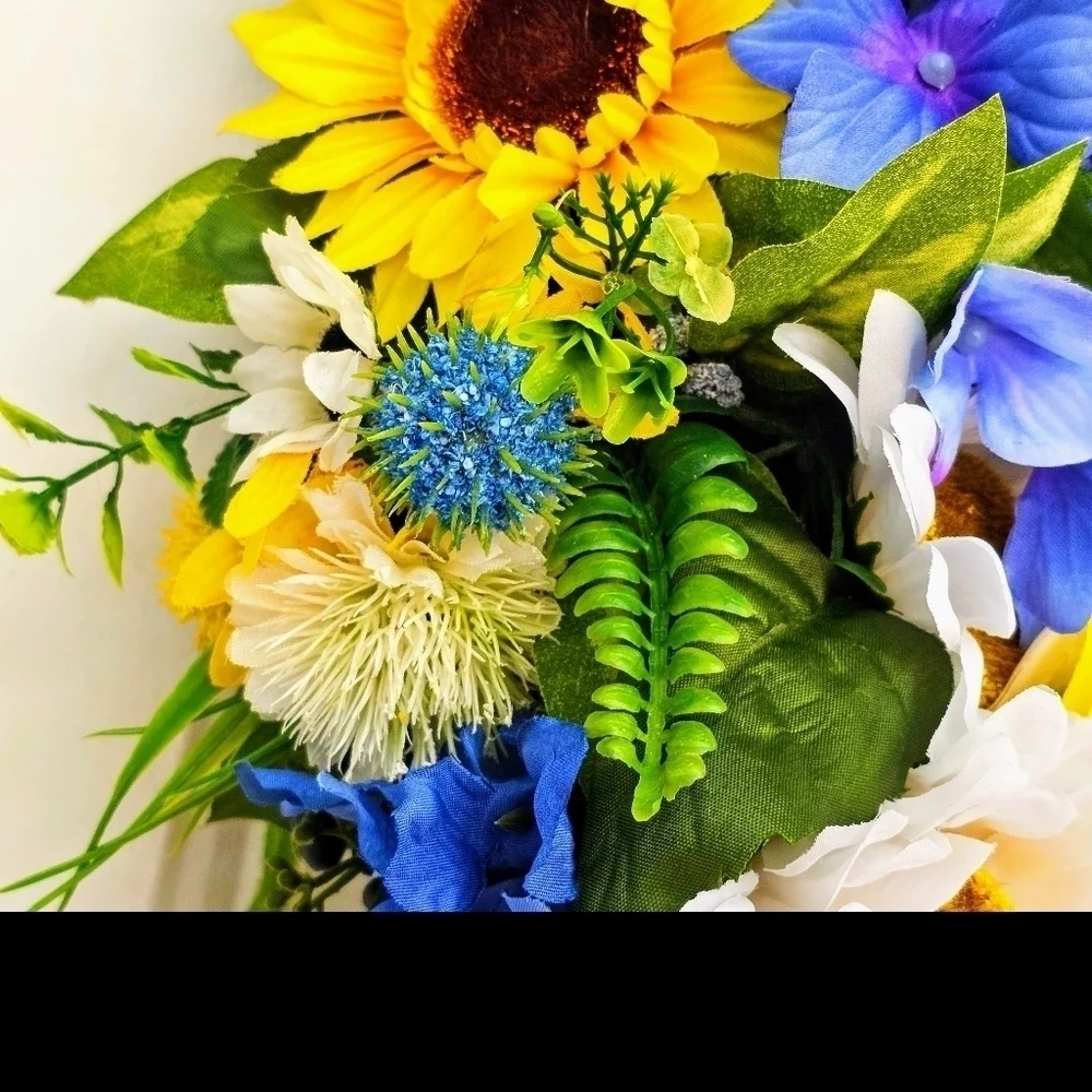 Handmade sunflower and blue hydrangea wreath for everyday, summer,spring